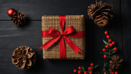 Wall Mural - a christmas gift with a red bow on a wooden background