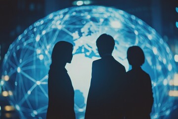 Poster - Silhouetted businesspeople converse before a glowing global network projection.