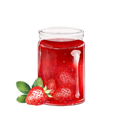 Wall Mural - Glass jar with jam. Strawberry dessert. Hand drawn illustration