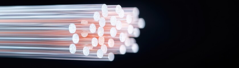 Poster - Fiber optic concept. A close-up view of multiple transparent fibers, showcasing their smooth surfaces and light-reflective properties against a dark background.