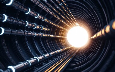 Poster - A tunnel-like structure with illuminated pipes leading toward a bright light, creating a sense of depth and perspective.