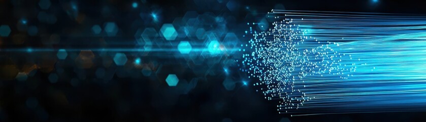 Poster - Fiber optic concept. A vibrant, abstract image depicting streaks of blue light and particles, suggesting speed and motion through a dark background.