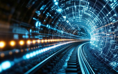 Poster - Fiber optic concept. A futuristic tunnel illuminated by glowing lights and digital patterns, suggesting movement and technology.