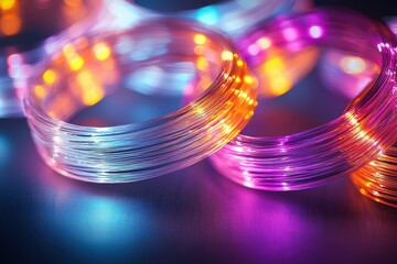 Poster - Fiber optic concept. Colorful LED light wires create a vibrant, glowing effect, showcasing a blend of blue, orange, and purple hues against a dark background.