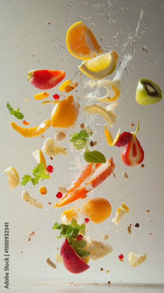 Fruit and Vegetable Splash: Fresh, vibrant fruits and vegetables burst ...
