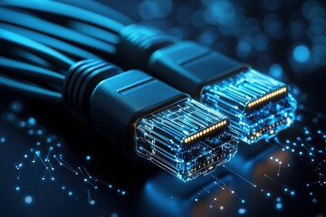 Poster - Fiber optic concept. Two glowing Ethernet cables connected, showcasing a futuristic digital design against a dark background with abstract data patterns.