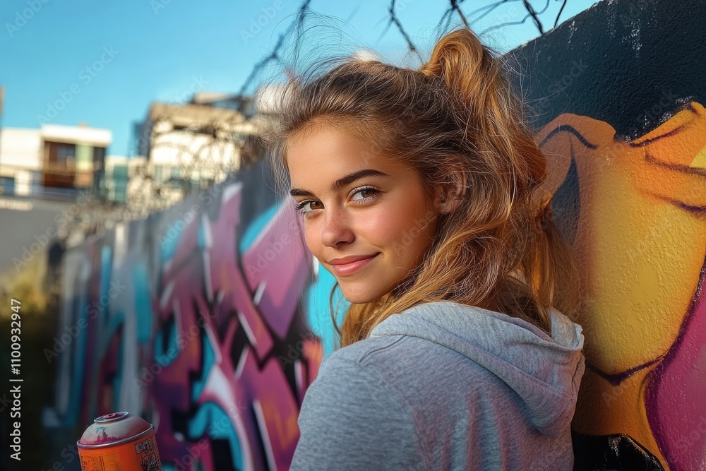 Street muralist: creative girl using can of spray paint to bring life ...