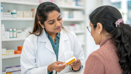 Wall Mural - Close up - Professional Indian female pharmacist giving prescription medications to patient customers at drugstore shelves