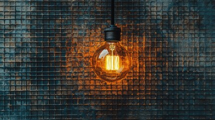 Poster - Vintage Style Light Bulb Hanging Against Textured Dark Wall with Warm Glow Creating a Cozy Atmosphere Ideal for Interior Design Inspirations