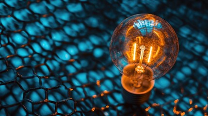 Poster - Vintage Light Bulb Illuminating Honeycomb Pattern with Blue and Orange Background Creating a Stunning Contrast of Warmth and Texture for Artistic Decor and Design Projects