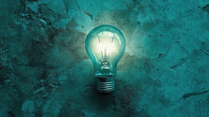 Poster - A Glowing Bulb Illuminating a Textured Turquoise Surface Creating a Unique Artistic Atmosphere and Enhancing Modern Aesthetic in Interior Design