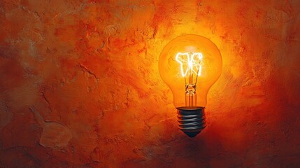 Poster - Vintage Bulb Illuminating Orange Texture on Wall, Symbolizing Warmth and Creativity in Artistic Interior Design Setting for Modern Home Decor