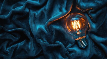 Poster - Vintage Light Bulb on Textured Blue Fabric Background with Soft Lighting for Creative and Artistic Designs, Interior Decor, and Commercial Use in Various Projects