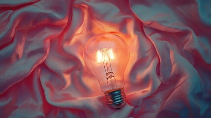 Poster - Illuminating Ideas: A Stunning Close-Up of a Vintage Light Bulb Glowing on Soft, Flowing Fabric, Creating a Dreamy Atmosphere of Creativity and Inspiration