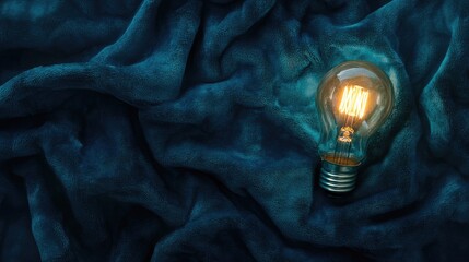 Aufkleber - Vintage Light Bulb Glowing on Textured Dark Blue Fabric, Illuminating the Unique Patterns and Softness of the Material with a Warm Radiance