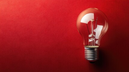 Poster - Vintage light bulb illuminated against a textured red background, showcasing delicate filament design and classic bulb shape in a minimalist composition that emphasizes simplicity.