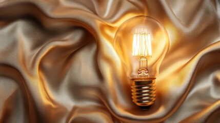 Poster - Illuminating Light Bulb on Luxurious Golden Fabric with Soft Texture, Highlighting Warm Glow and Elegant Design, Perfect for Creative Projects and Inspirational Themes