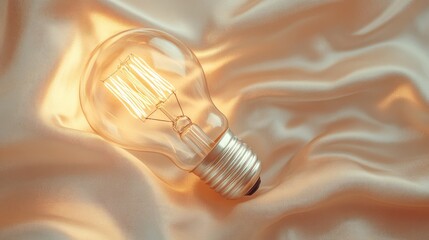 Poster - Softly Glowing Vintage Light Bulb on Smooth Silk Fabric Creating a Warm and Inviting Atmosphere for Creative Projects and Interior Design Inspiration