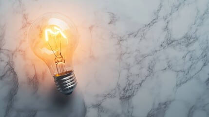 Poster - Bright Vintage Light Bulb Glowing on Elegant Marble Surface, Symbolizing Ideas, Inspiration, Creativity, and Innovation in Modern Design Settings