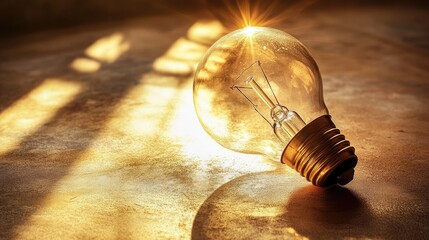 Poster - Vintage Light Bulb Casting Warm Glow on Textured Surface with Sunlight Rays and Beautiful Highlights, Evoking a Sense of Nostalgia and Warmth in an Artistic Setting