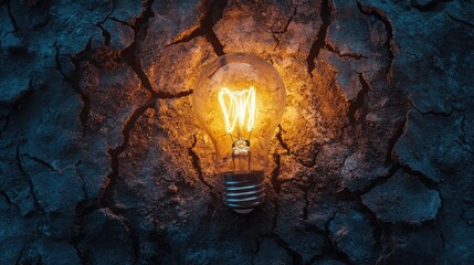 Poster - Vintage Light Bulb Glowing Against a Textured Cracked Wall, Symbolizing Innovation, Creativity, and New Ideas in a Modern Context