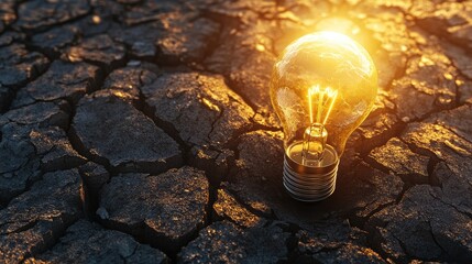 Poster - Light Bulb Illuminating Cracked Ground Symbolizing Hope and Innovation in Harsh Conditions, Representing Creativity and Sustainability in Modern Society