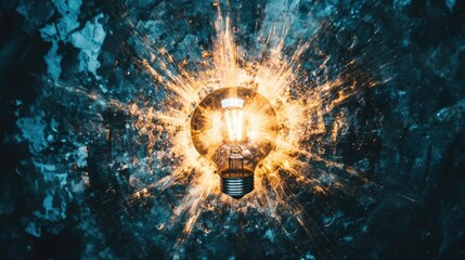 Poster - Stunning close-up view of a glowing light bulb bursting with energy against a textured dark surface, showcasing the beauty of light and design in artistic photography.