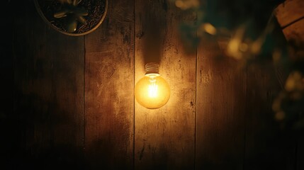 Poster - Warm Glow of an Illuminated Light Bulb on Rustic Wooden Surface in a Cozy Indoor Atmosphere with Greenery Accents and a Serene Ambience