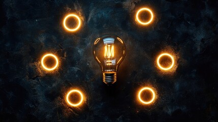 Poster - Unique Light Bulb Surrounded by Glowing Circular Elements on Dark Background Showcasing a Creative Concept of Innovation and Energy