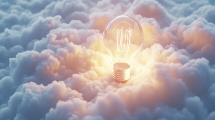Poster - Glowing Light Bulb Surrounded by Soft White Clouds in a Dreamy Atmosphere, Representing Ideas, Creativity, and Inspiration in a Surreal Environment
