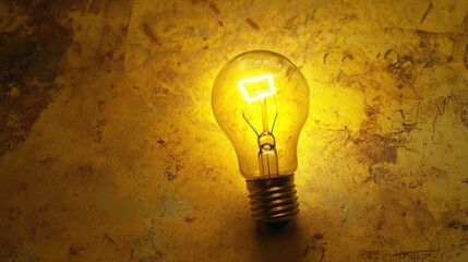 Poster - Bright Yellow Light Bulb Glowing Against a Textured Gold Background, Symbolizing Ideas, Inspiration, Creativity, Innovation, and Warmth in Contemporary Design