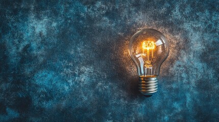 Poster - Vintage Light Bulb Illuminating Against a Textured Blue Background with Detailed Reflection and Warm Glow Enhancing Artistic Ambiance and Visual Appeal for Creative Projects