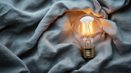Poster - Warm Glow of Vintage Light Bulb on Soft Textured Fabric with Elegant Drapery, Creating a Cozy and Inviting Atmosphere Perfect for Interior Design Inspiration