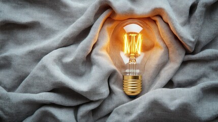 Poster - Vintage Light Bulb Illuminating Soft Gray Fabric, Warm Glow Creating a Cozy Atmosphere, Concept of Creativity, Enlightenment, and Inspiration in a Still Life Composition