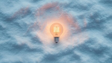 Poster - Glowing Bulb Floating Above Soft Snowy Surface Emitting Warm Light in a Peaceful Winter Scene Representing Ideas, Creativity, and Inspiration
