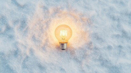 Poster - Glowing Light Bulb Illuminates Snowy Surface, Creating a Warm Contrast Against a Cool Winter Background for a Unique Visual Effect and Atmosphere