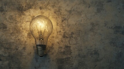 Poster - Illuminated Vintage Light Bulb Hanging Against A Textured Wall Background, Creating A Warm Glow With A Rustic Aesthetic For Home Decor Inspiration And Creative Projects