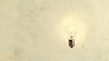 Poster - Vintage Light Bulb Glowing Against Old Beige Wall with Textured Surface, Symbolizing Innovation, Creativity, and Retro Aesthetic in Interior Design Decor