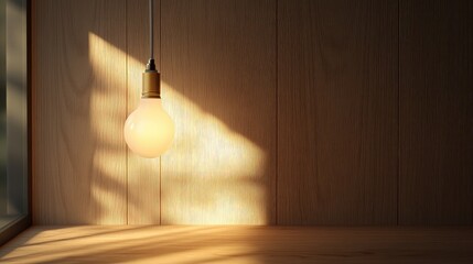 Poster - Soft Ambient Light from Hanging Bulb Casting Shadows on Textured Wooden Wall in Contemporary Interior Design Setting