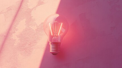 Poster - Elegant Pink Neon Light Bulb Hanging on Wall Casting Soft Shadows, Creating a Aesthetic Atmosphere for Modern Interior Design and Creative Spaces