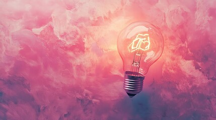 Poster - Illuminated light bulb with a glowing recycling symbol against a vibrant pink and purple textured background representing sustainability and eco-friendliness.