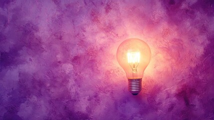 Poster - Bright glowing light bulb against a textured purple wall, showcasing an artistic representation of creativity, innovation, and inspiration in a vibrant atmosphere.