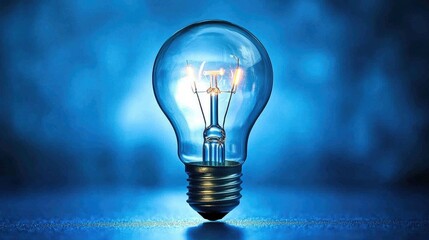 Poster - Bright and Glowing Light Bulb on a Soft Blue Background, Symbolizing Illumination, Innovation, Inspiration and Creative Thinking in a Minimalist Style