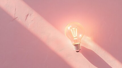 Poster - A Glowing Light Bulb Casting Soft Shadows Against a Pink Textured Background, Symbolizing Ideas and Creativity in a Minimalist Setting