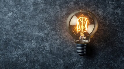 Poster - Vintage Light Bulb Glowing Against Dark Textured Background, Illuminating Space with Warm Light, Perfect for Home Decor and Creative Projects