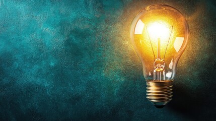 Poster - Bright Vintage Light Bulb Glowing Against Textured Turquoise Background Creating an Atmosphere of Innovation and Inspiration for Creative Projects