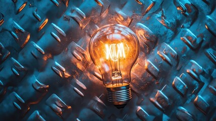 Poster - A Glowing Vintage Light Bulb Illuminating a Textured Metal Surface with Blue and Orange Tones Creating a Striking Contrast and Unique Visual Experience