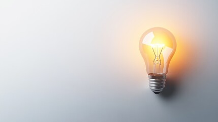 Poster - Elegant and Minimalistic Light Bulb Glowing with Warm Light on Plain Background, Symbolizing Ideas, Creativity, and Innovation in Modern Design Context