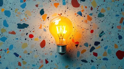 Poster - Bright Vintage Light Bulb Glows on Textured Colorful Wall, Creating a Cozy Ambiance with Artistic Patterns and Playful Hues Enhancing the Interior Design Vibe