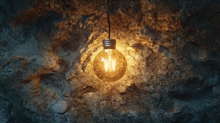 Poster - Vintage hanging light bulb illuminating a rough stone wall, creating a warm glow and enhancing the rustic atmosphere for industrial and retro design themes.